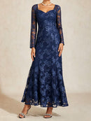 Women's Navy Floral Lace Sweetheart Neck Long Sleeve Maxi Dress