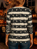 Women's Halloween Black White Stripe Dot Pumpkin Print Round Neck Long Sleeve Top