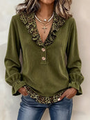 Women's Army Green Leopard Ruffle V Neck Long Sleeve Top