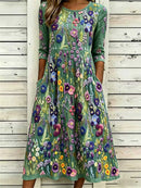 Women's Green Multi Floral Embroidered Round Neck 3/4 Sleeve Midi Dress