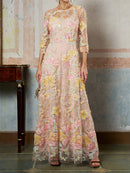 Women's Pink Floral Print Mesh Round Neck 3/4 Sleeve Maxi Dress