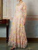 Women's Pink Floral Print Mesh Round Neck 3/4 Sleeve Maxi Dress