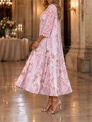 Women's Pink Floral Print Lace Splicing Round Neck 3/4 Sleeve Midi Dress