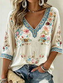 Women's Off White Floral Embroidered Lace V Neck 3/4 Sleeve Blouse