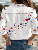Women's America 250th Anniversary White Linen Star Print V Neck Long Sleeve Shirt