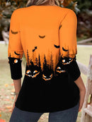 Women's Halloween Orange Halloween Split Neck Long Sleeve Blouse
