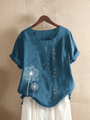 Cotton Short Sleeve Women's Top with Dandelion Print & Buttons