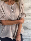 Casual Relaxed Front-Button Roll Sleeve Tie Hem Blouse for Women