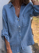 3/4 Sleeve Cotton and Linen Solid Lapel Shirt