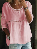 3/4 Sleeve White Crew Neck Plain Comfy Blouse