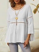 3/4 Sleeve White Crew Neck Plain Comfy Blouse