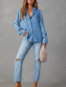 Long Sleeve Spring Collar Denim Abstract Regular Loose Blouse