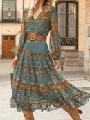 Ethnic V-neck Long Sleeve Comfy Midi Dress
