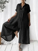 Casual Solid Linen Relaxed Lapel Jumpsuit for Women