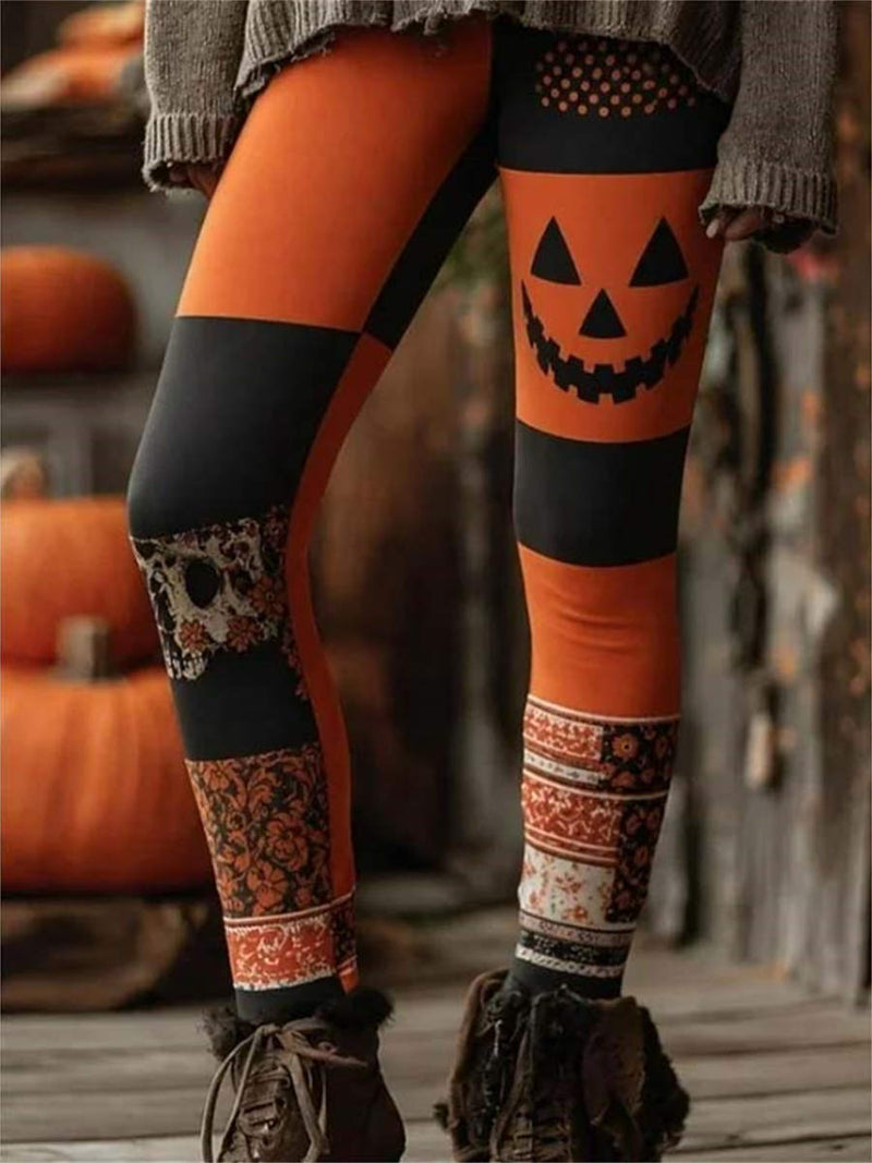 Women's Halloween Multi Pumpkin Skull Floral Patchwork Print Full Length Legging