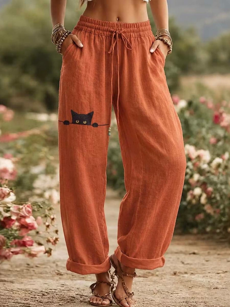 Women's Orange Animal Elastic Waist Ankle Length Pants