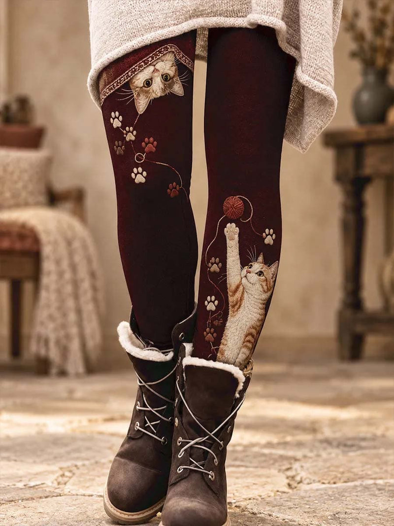 Women's Burgundy Cat Print High Waist Leggings