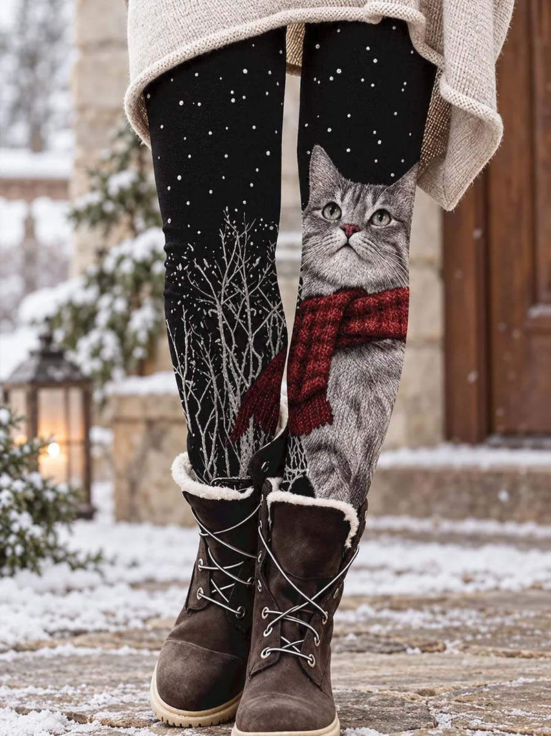 Women's Multi Cat Print Elastic Waist Ankle Length Leggings