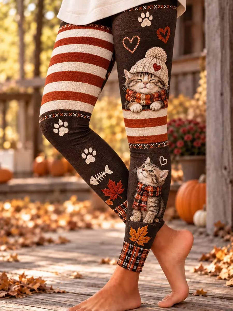Women's Multi Cat Maple Leaf Striped Plaid Print Elastic Waist Ankle Length Leggings
