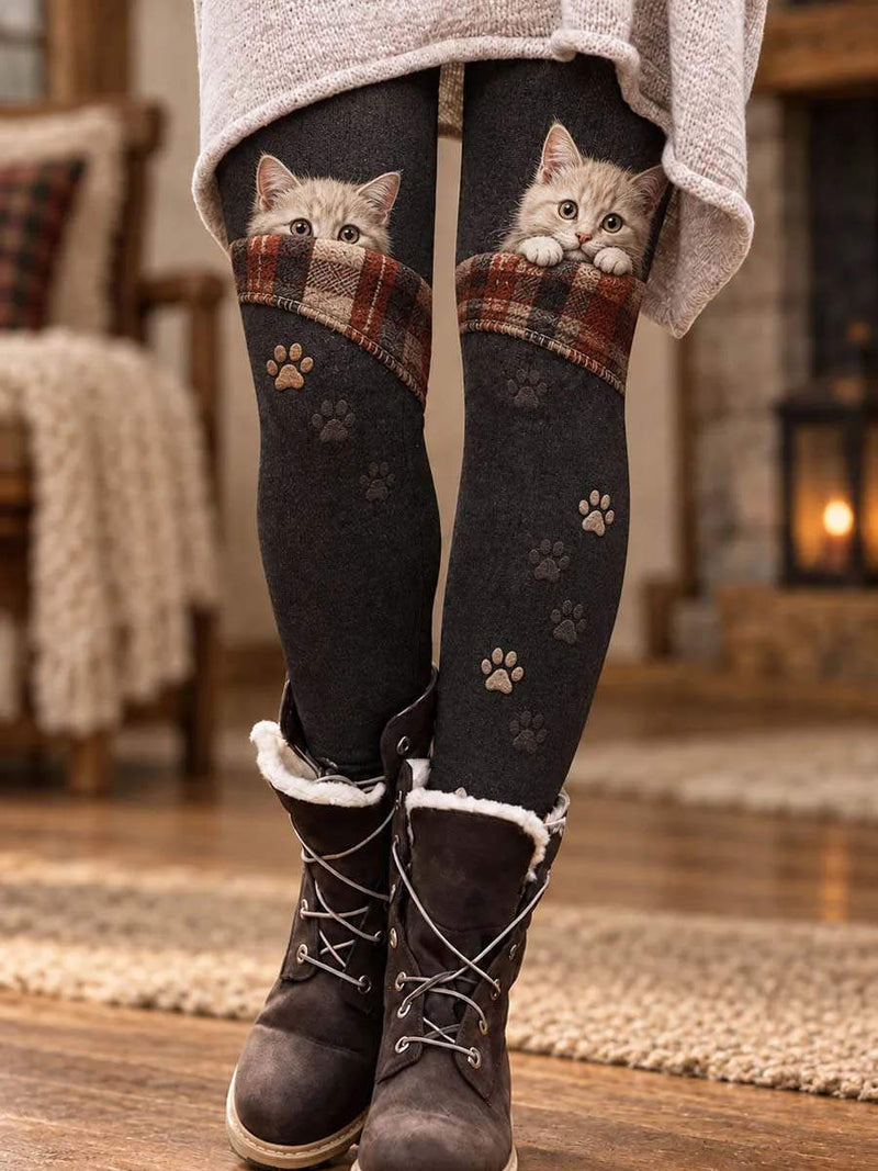Women's Multi Cat Paw Plaid Print Elastic Waist Ankle Length Leggings