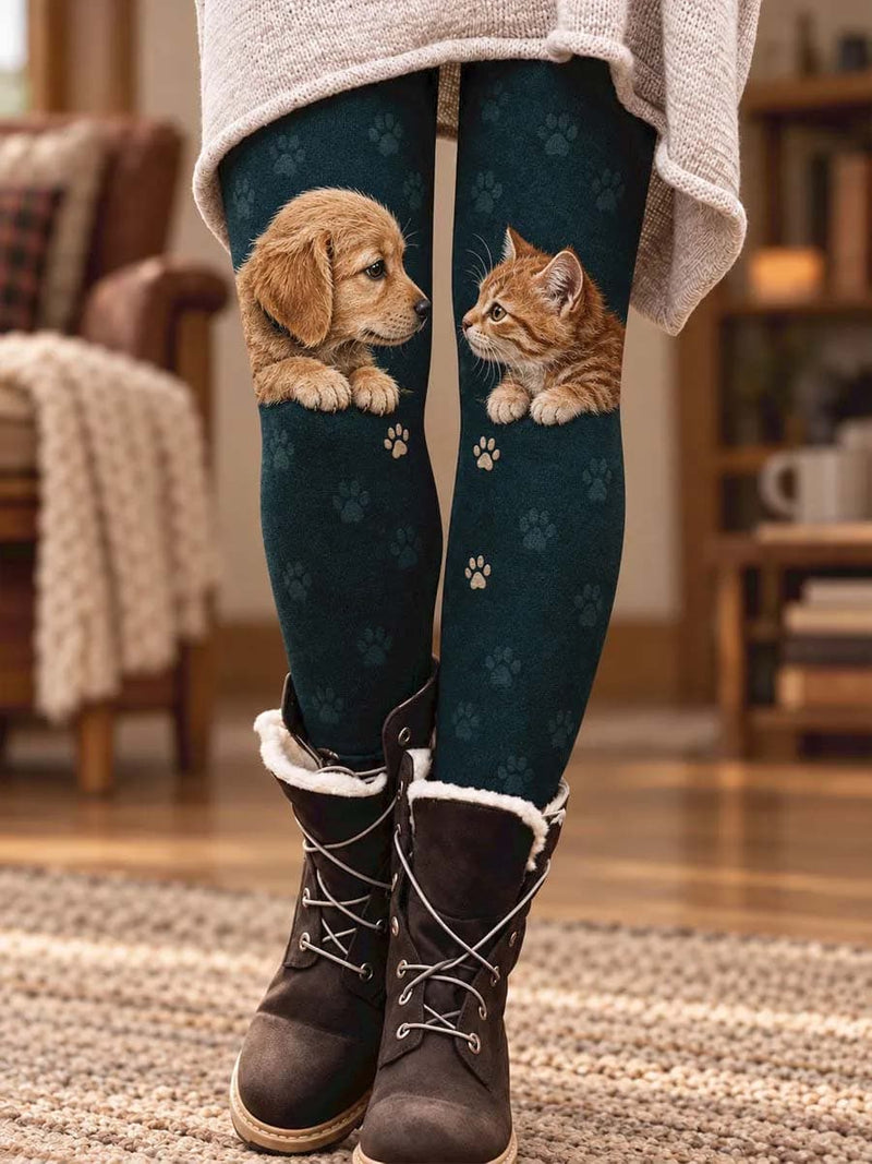 Women's Dark Green Cat And Dog Paw Print Elastic Waist Ankle Length Leggings