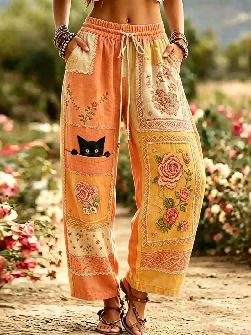Women's Multi Floral Black Cat Print Elastic Waist Cropped Pants