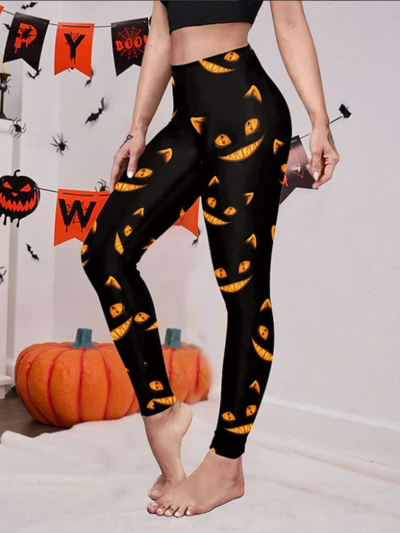 Women's Halloween Black Cat Face Print High Waist Maxi Pants