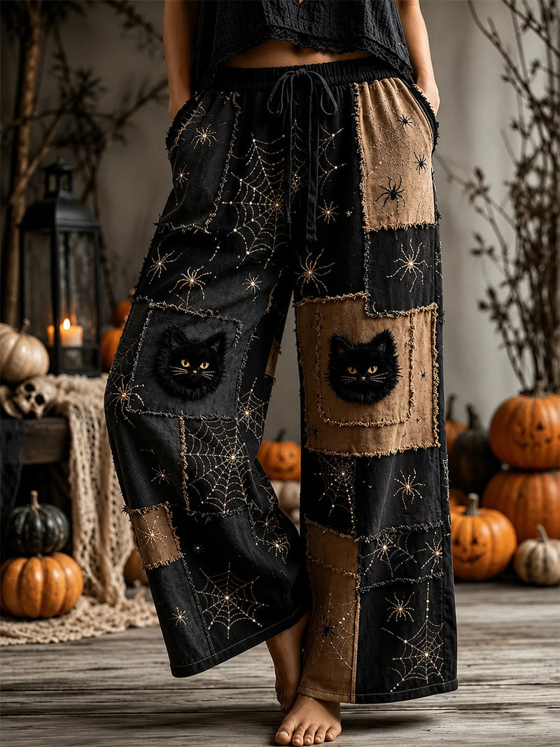 Women's Halloween Multi Patchwork Black Cat Spider Web Print Elastic Waist Maxi Pants