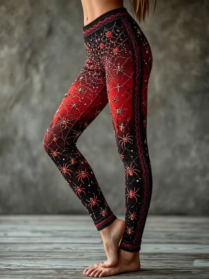 Women's Halloween Red Black Spider Rose Print High Waist Maxi Pants