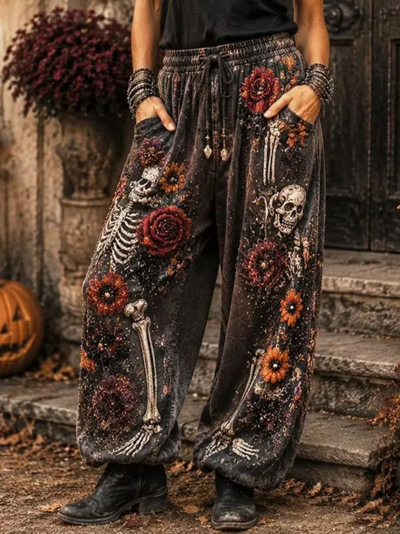 Women's Halloween Multi Skull Rose Print Elastic Waist Maxi Pants