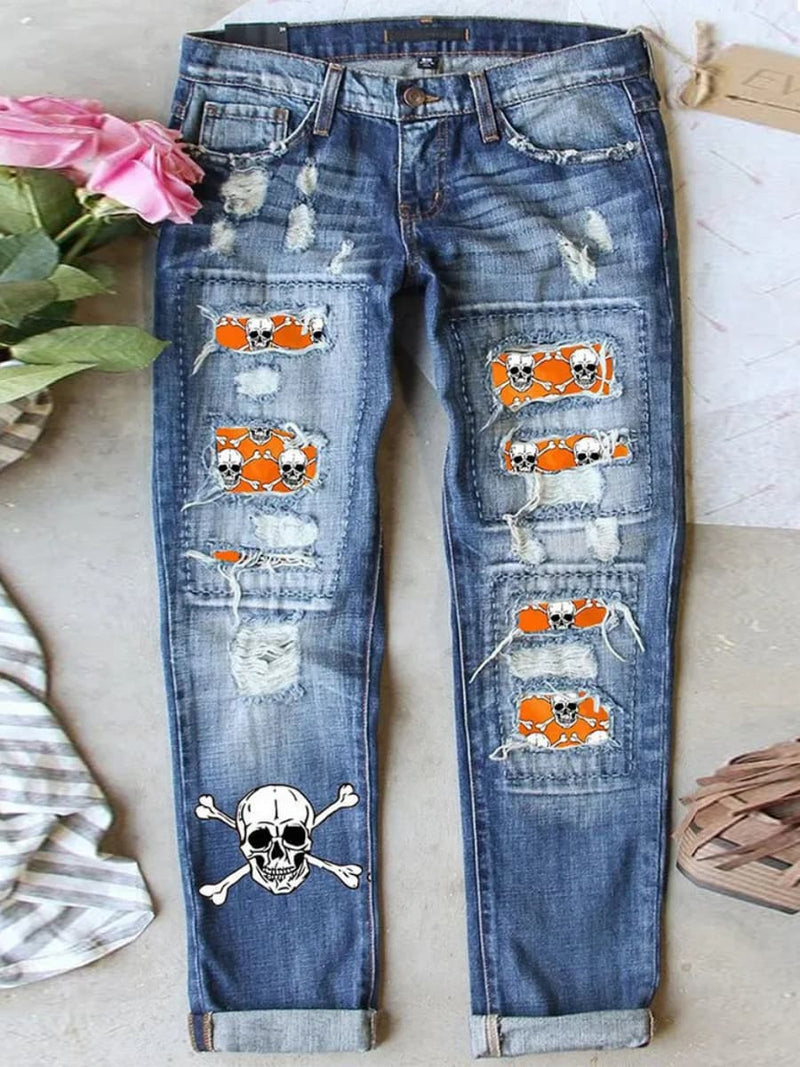 Women's Halloween Blue Vintage Wash Mid Waist Straight Leg Jeans
