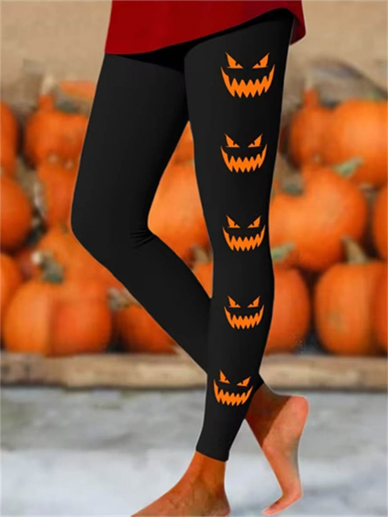 Women's Halloween Black Pumpkin Face Print High Waist Maxi Pants