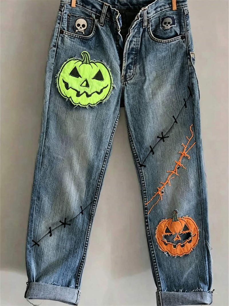 Women's Halloween Blue Medium Wash Mid Waist Straight Leg Jeans