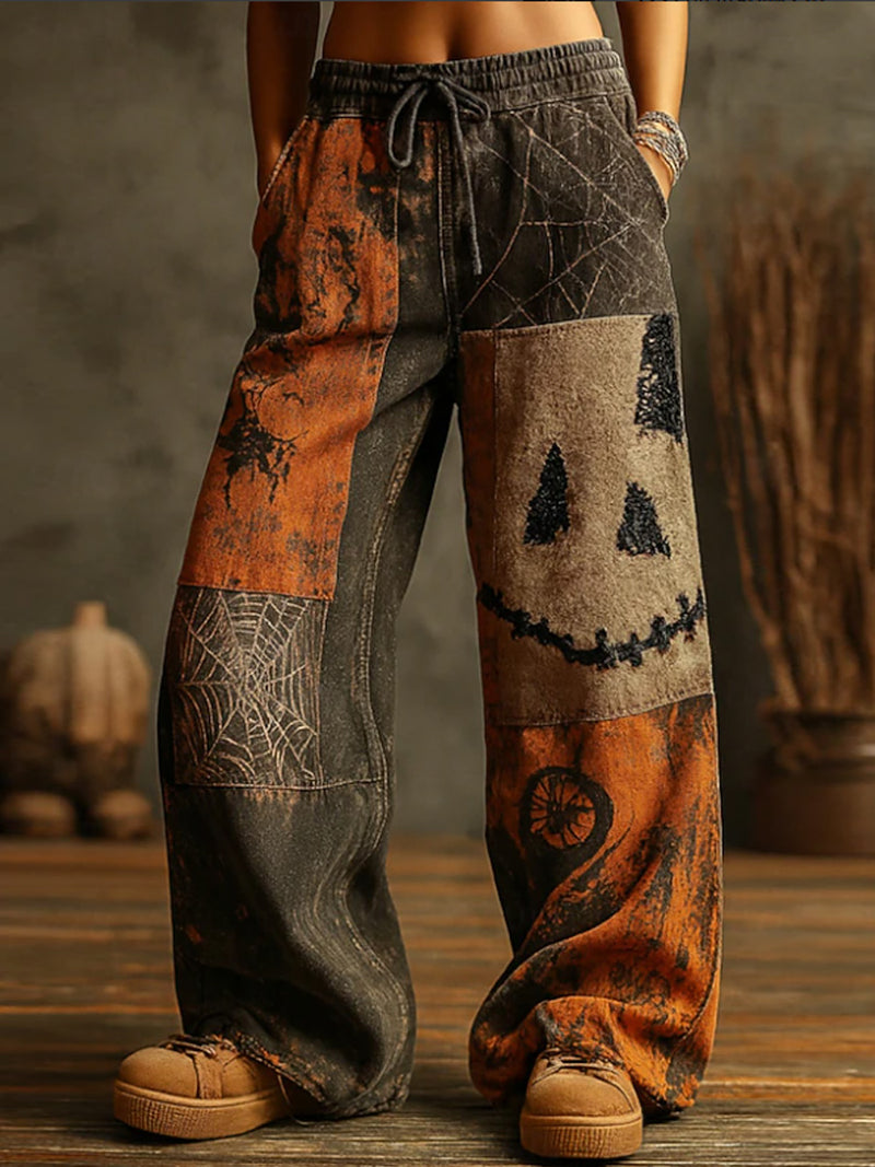 Women's Halloween Multi Patchwork Print Elastic Waist Full Length Pants