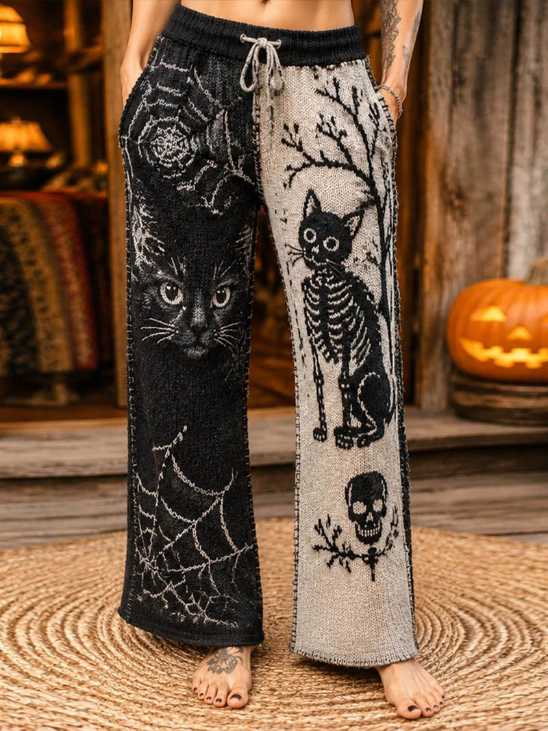 Women's Halloween Black Grey Cat Skeleton Skull Jacquard Drawstring Waist Wide Leg Pants