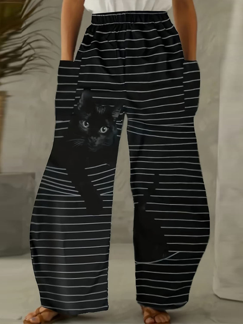 Women's Black White Striped Cat Print Elastic Waist Wide Leg Pants