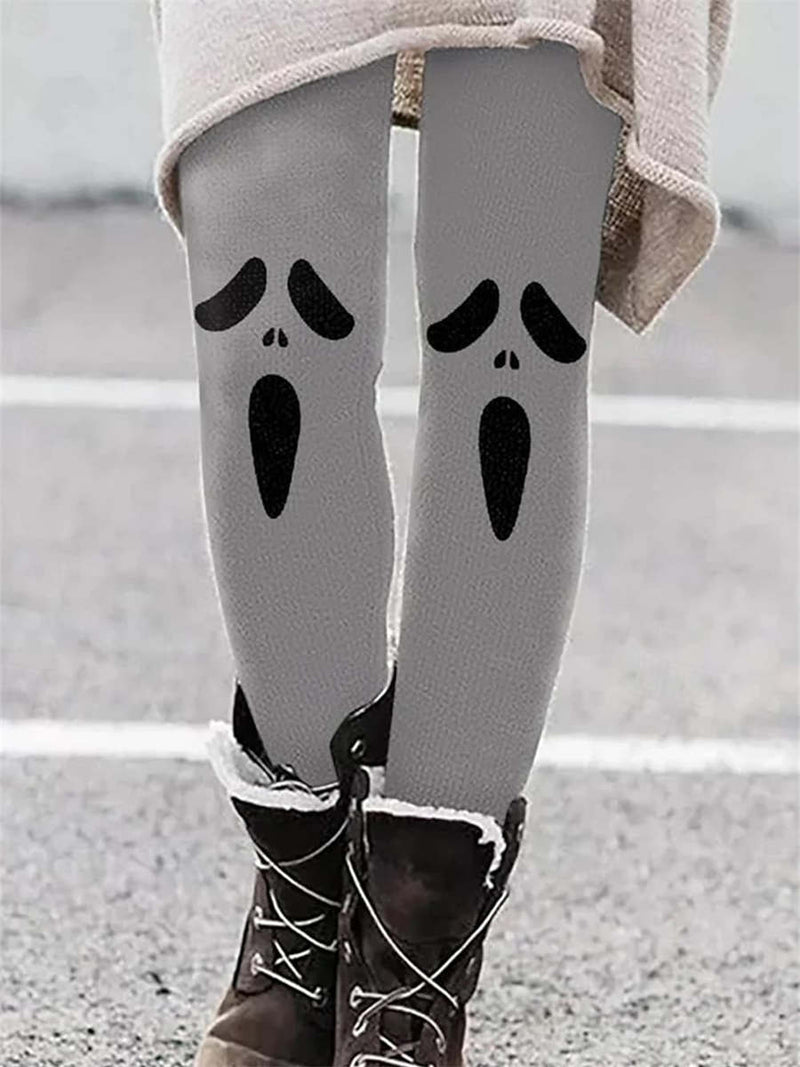 Women's Halloween Grey Ghost Face Print High Waist Leggings