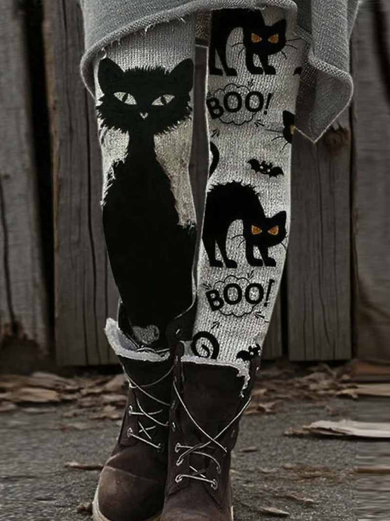Women's Halloween Grey Black Cat Bat Print High Waist Leggings