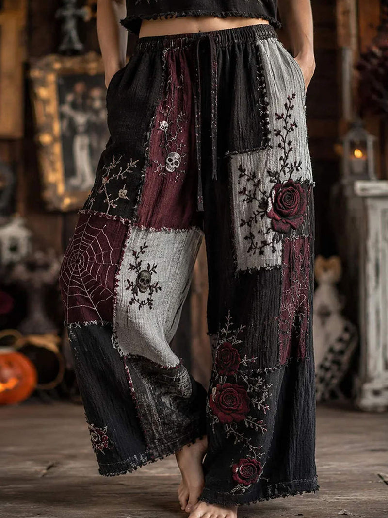 Women's Halloween Black Red Grey Patchwork Skull Rose Drawstring Waist Wide Leg Pants
