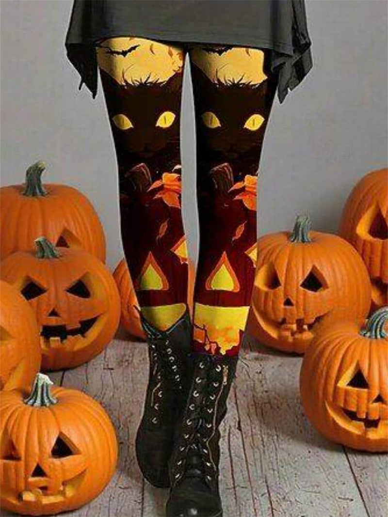 Women's Halloween Black Orange Cat Pumpkin Print High Waist Leggings