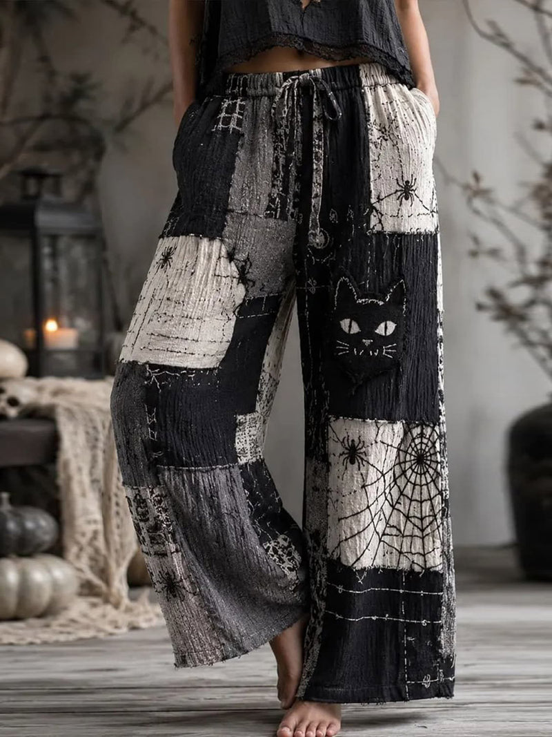 Women's Halloween Black White Grey Patchwork Cat Spider Web Drawstring Waist Wide Leg Pants