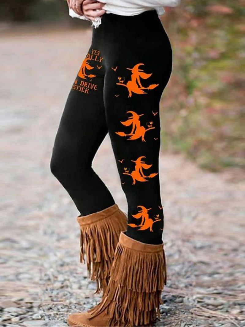 Women's Halloween Black Orange Witch Print High Waist Leggings