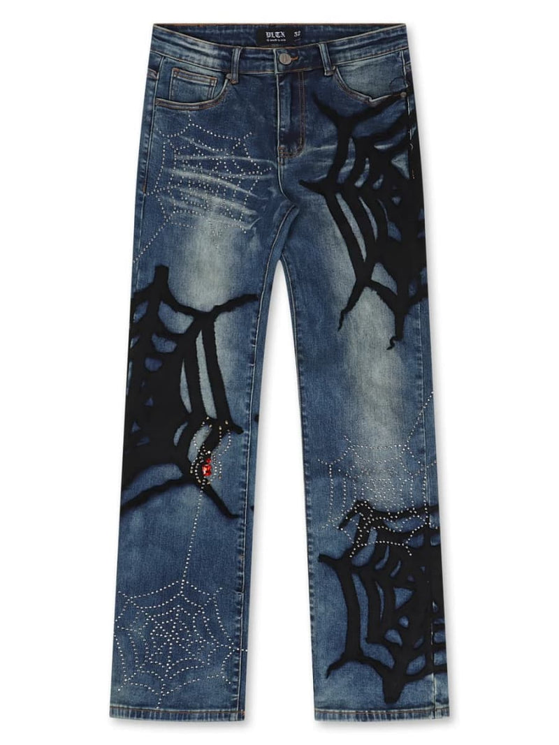 Women's Halloween Blue Dark Wash Mid Waist Spider Web Straight Leg Jeans