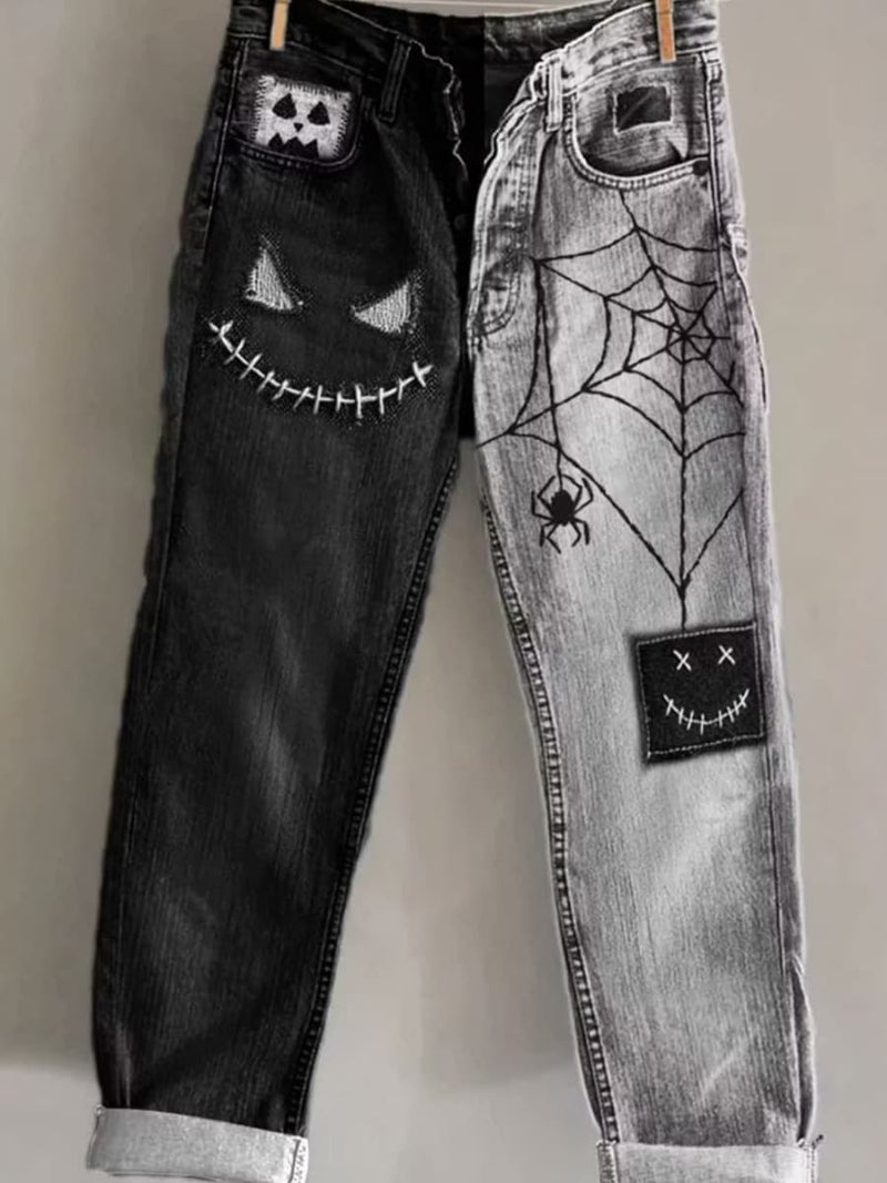 Women's Halloween Black Grey Two Tone Pumpkin Spider Web Straight Leg Jeans