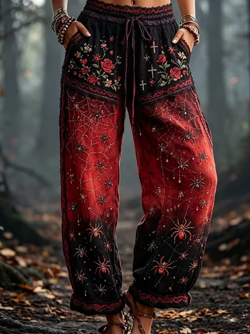Women's Halloween Red Black Spider Web Drawstring Waist Wide Leg Pants