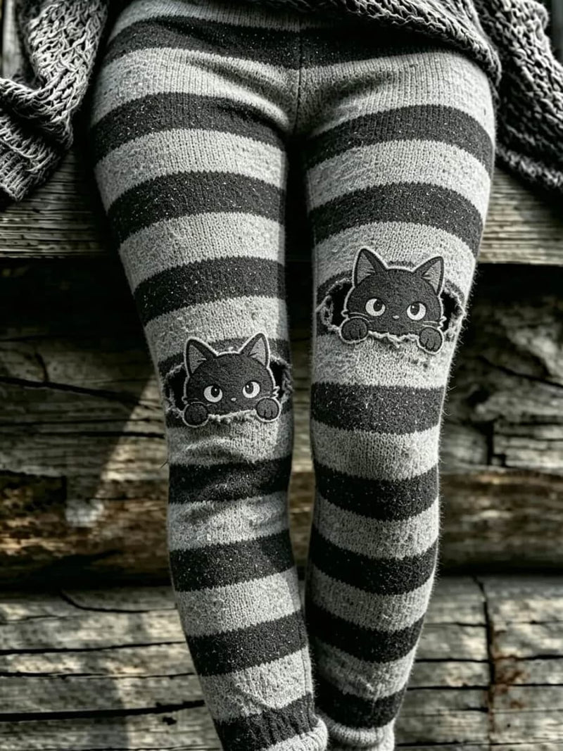 Women's Grey Black Striped Cat Print High Waist Leggings