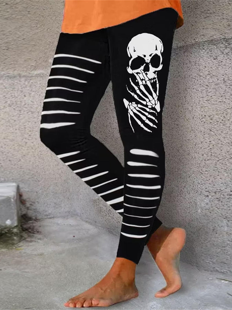 Women's Halloween Black White Skull Skeleton Print High Waist Leggings