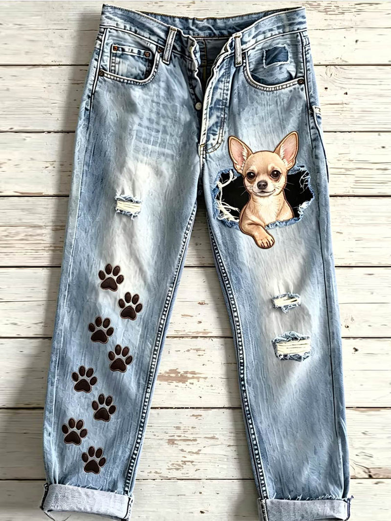 Women's Blue Light Wash Dog Paw Patch Ripped Straight Leg Jeans