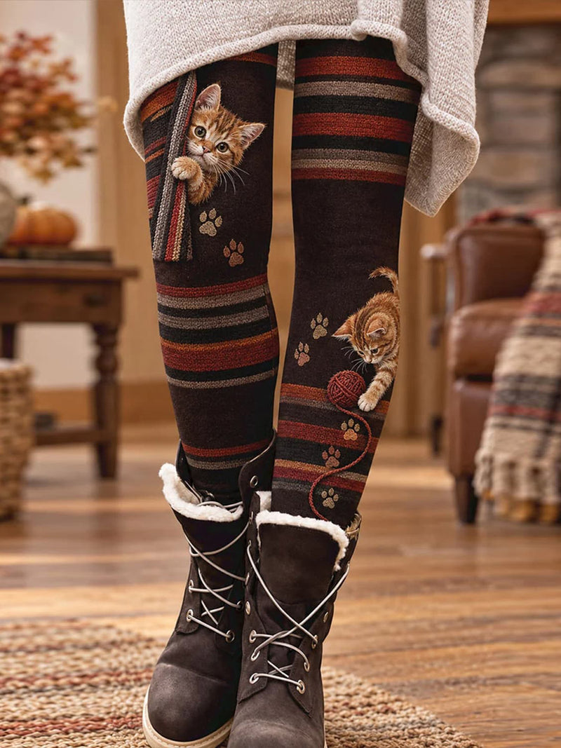 Women's Brown Striped Cat Print High Waist Leggings