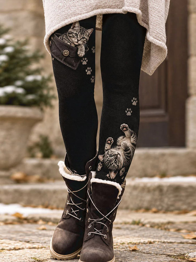 Women's Black Cat Pocket Print High Waist Leggings